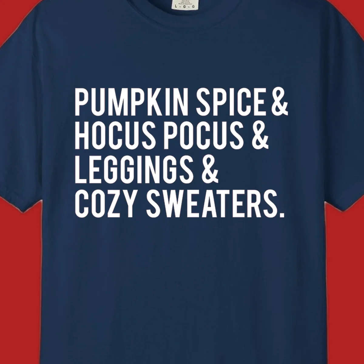 Bold white text listing fall favorites: pumpkin spice, hocus pocus, leggings, cozy sweaters.