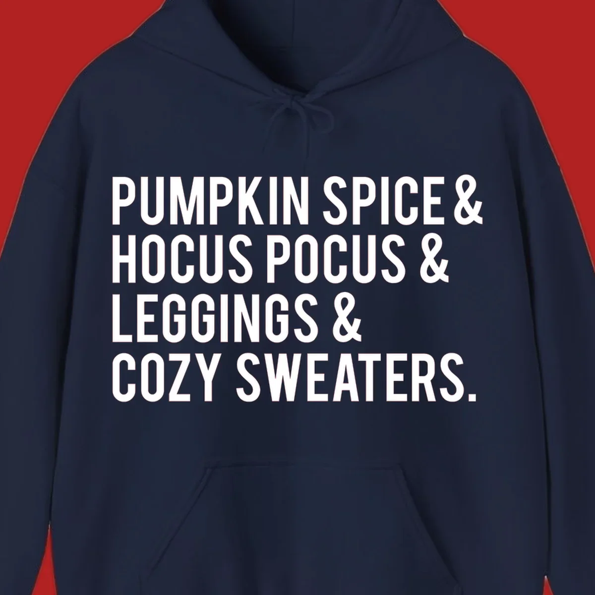 Bold white text listing fall favorites: pumpkin spice, hocus pocus, leggings, cozy sweaters.