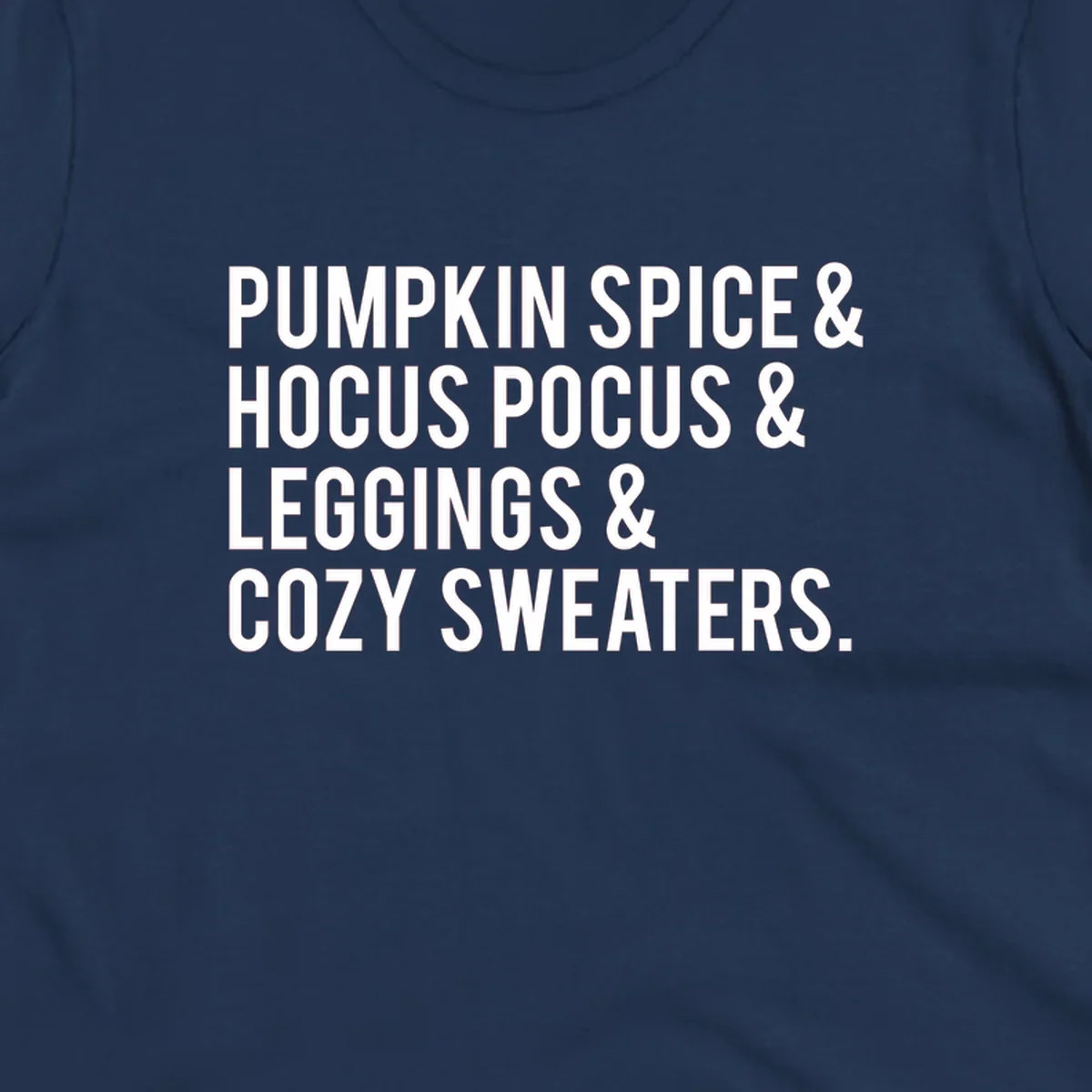 Bold white text listing fall favorites: pumpkin spice, hocus pocus, leggings, cozy sweaters.