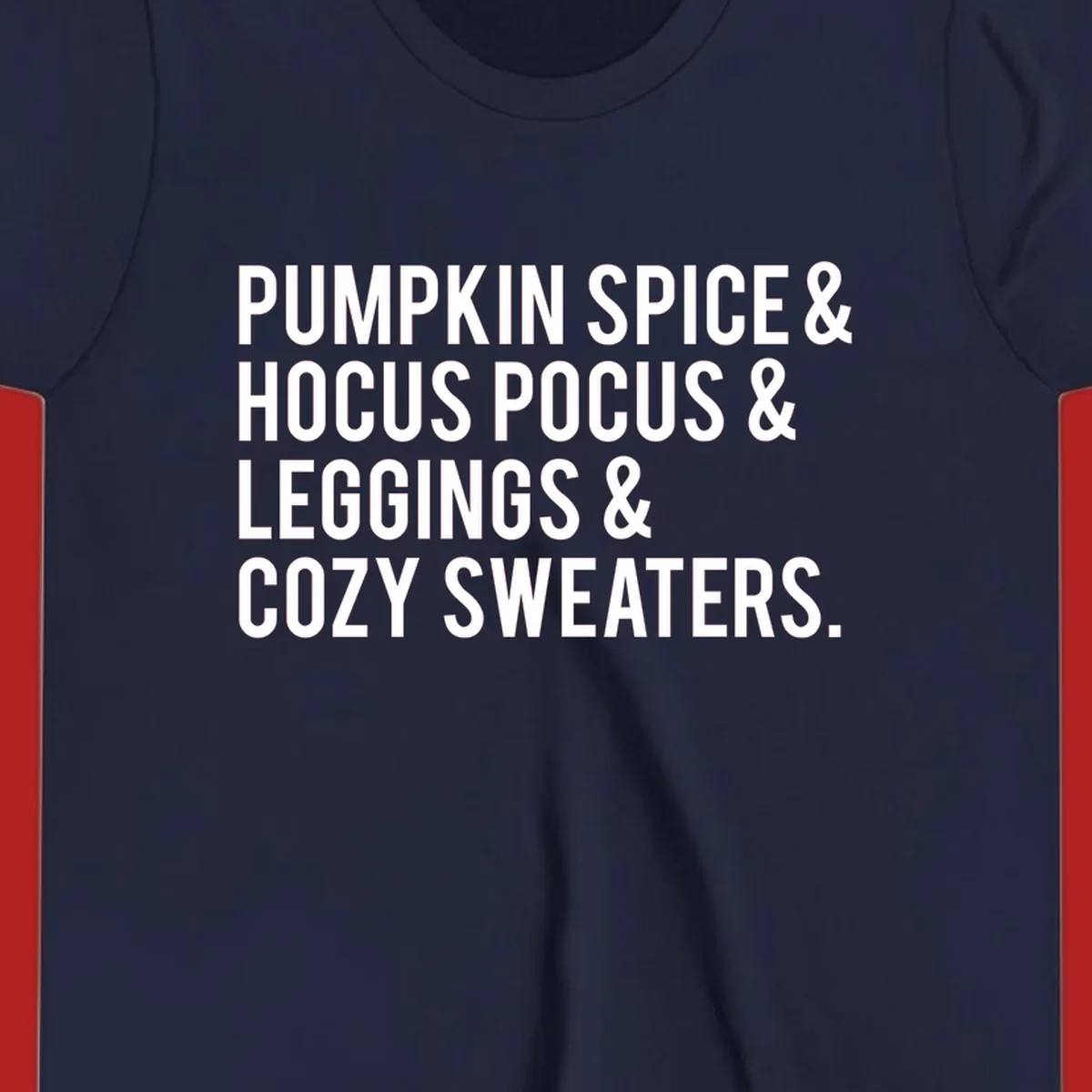 Bold white text listing fall favorites: pumpkin spice, hocus pocus, leggings, cozy sweaters.