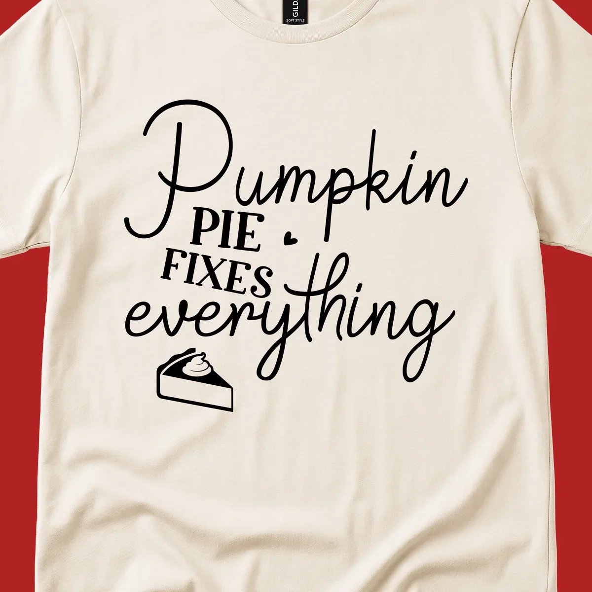 Pumpkin Pie Fixes Everything quote with pie slice illustration.
