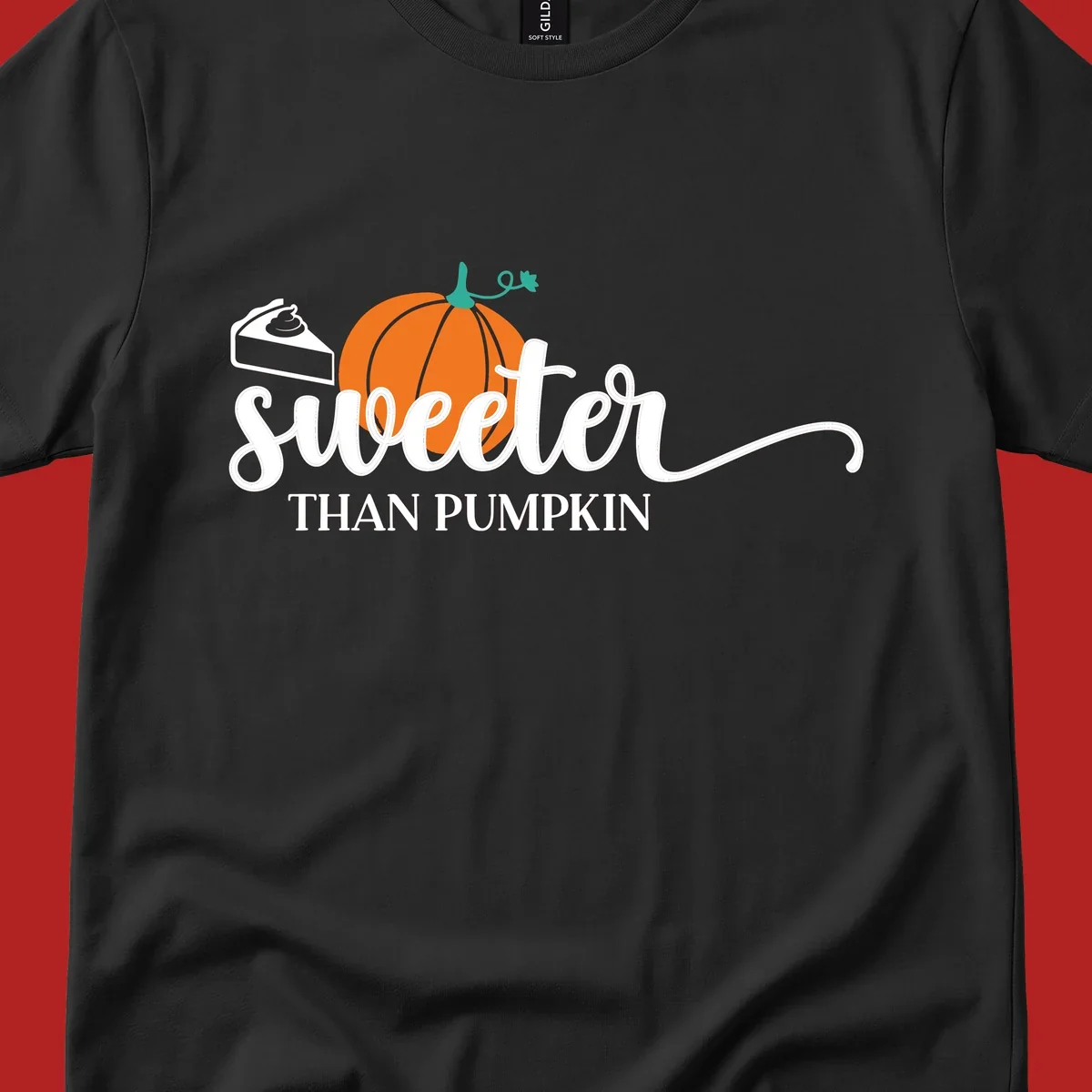 Sweeter than pumpkin pie graphic with pie slice and pumpkin artwork.
