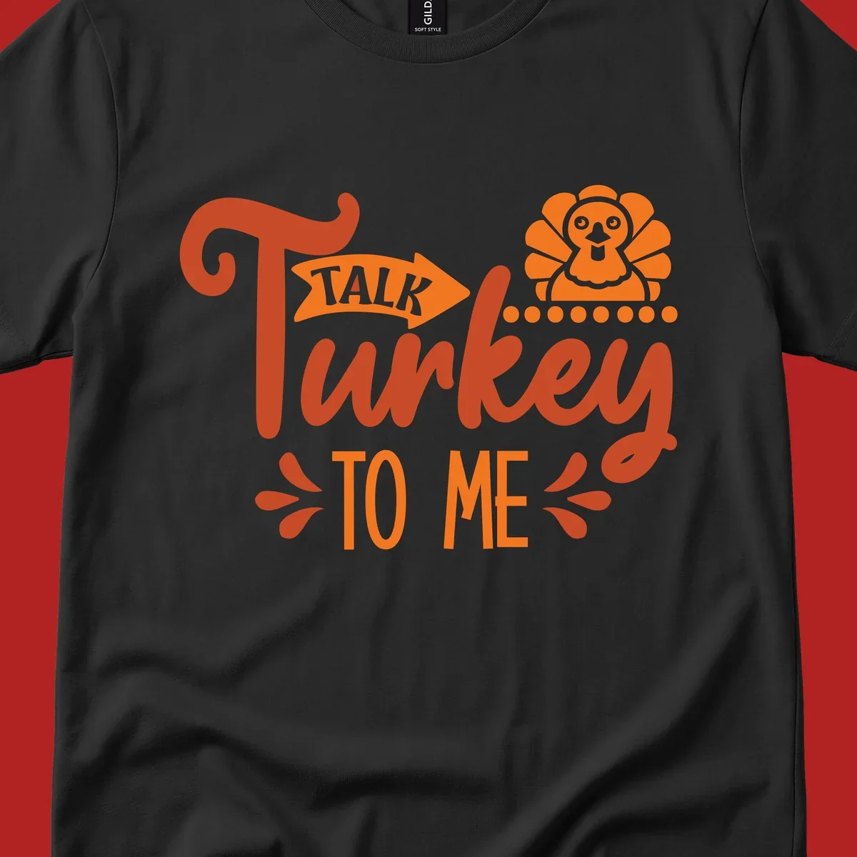 Talk Turkey To Me Thanksgiving graphic with turkey and arrow illustration
