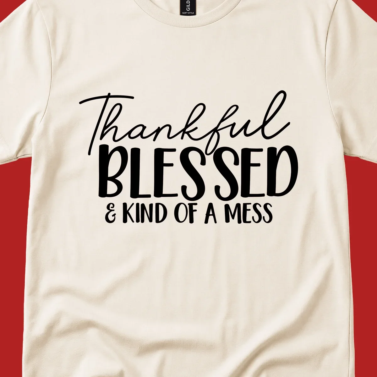 Thankful Blessed Kind Of A Mess typography design.