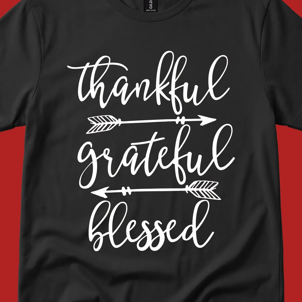 Thankful grateful blessed typography design with arrows on black and white backgrounds.