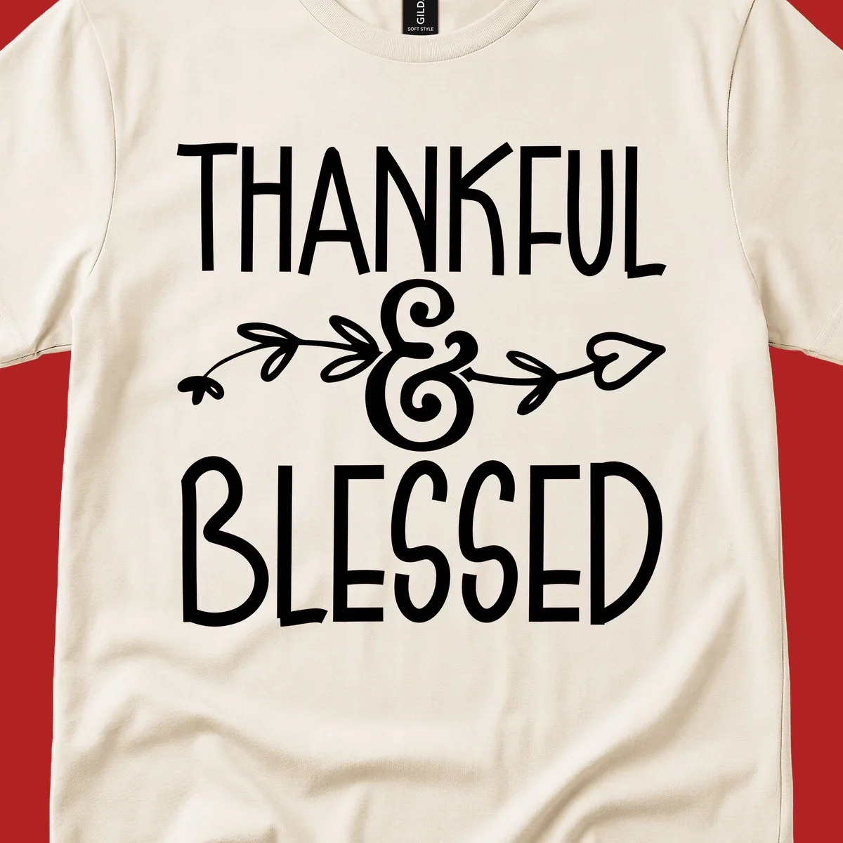 Thankful & Blessed typography design with decorative ampersand.