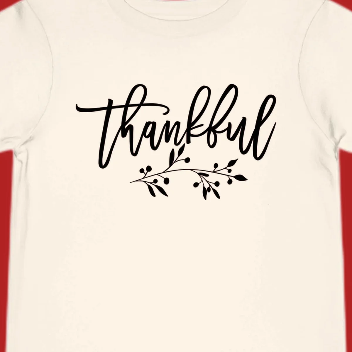 Elegant script text 'Thankful' with a small botanical branch accent, on a plain background.