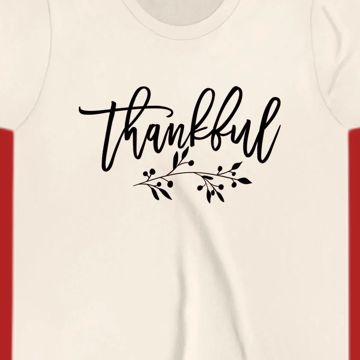Elegant script text 'Thankful' with a small botanical branch accent, on a plain background.