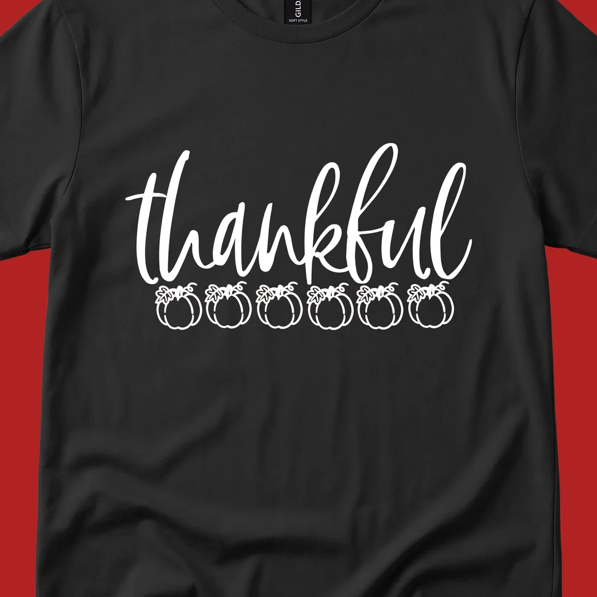 White script text 'thankful' above six white pumpkin illustrations, thankful pumpkins thanksgiving