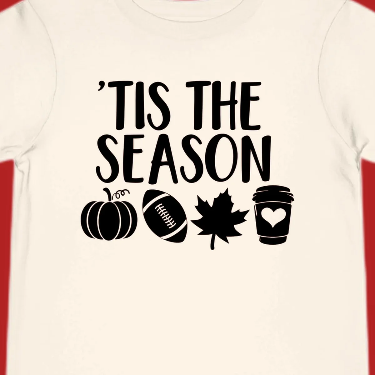 Fall season vibes text and graphics including pumpkin, football, leaf, and coffee cup.