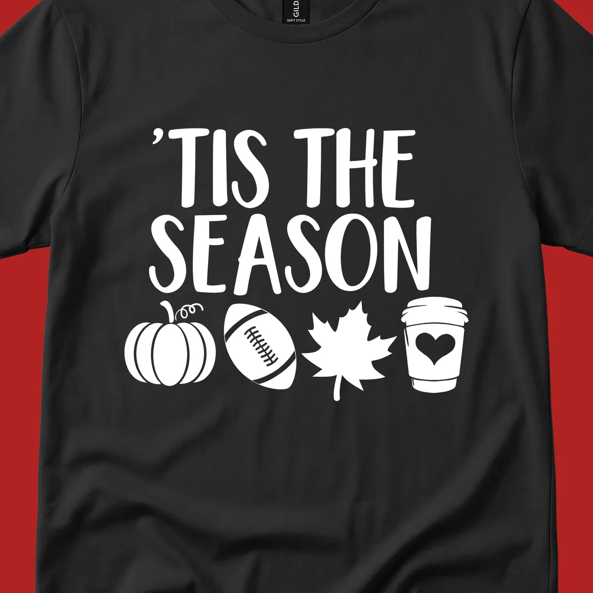 Fall season vibes text and graphics including pumpkin, football, leaf, and coffee cup.