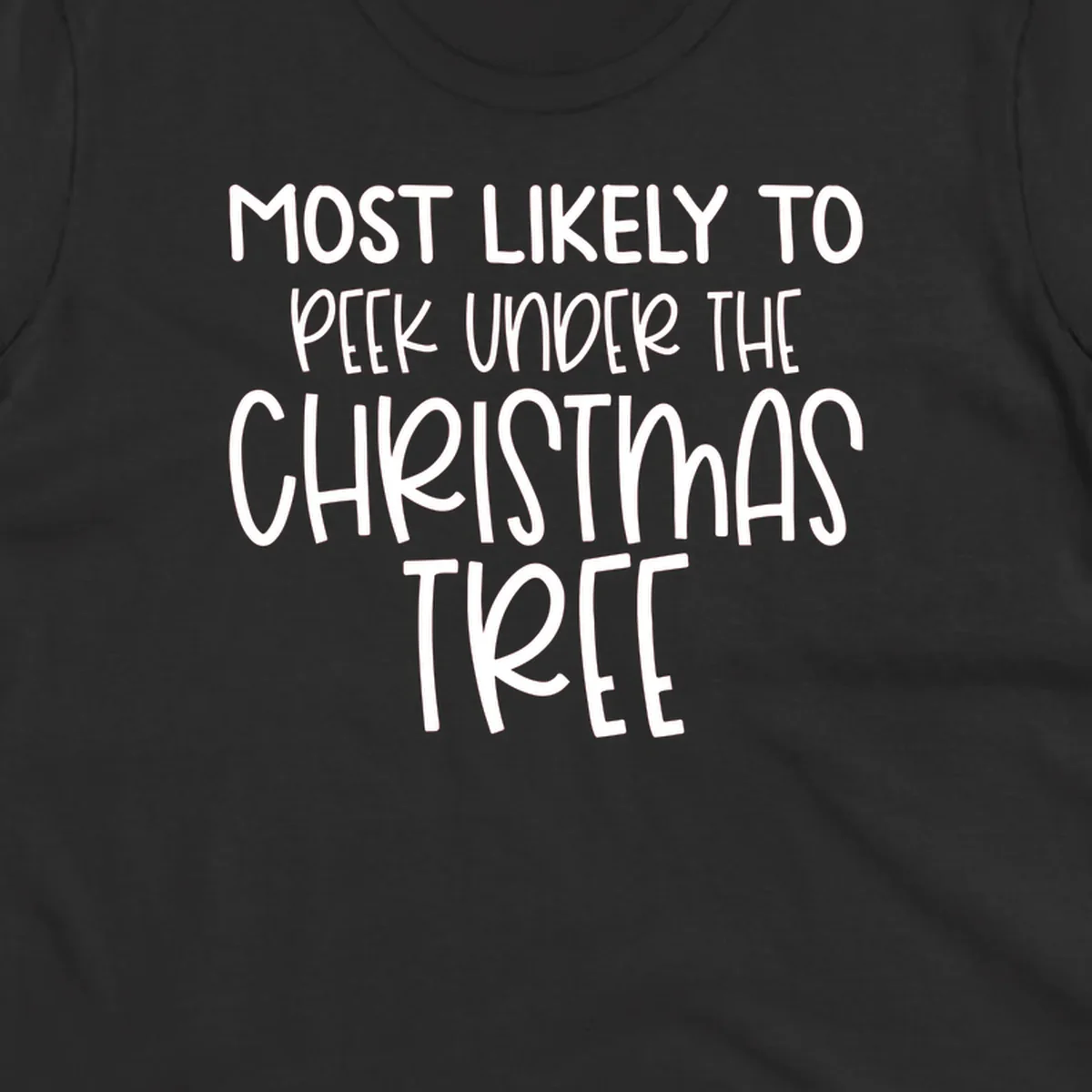 Text design: Most Likely To Peek Under Christmas Tree. Black text on white background.