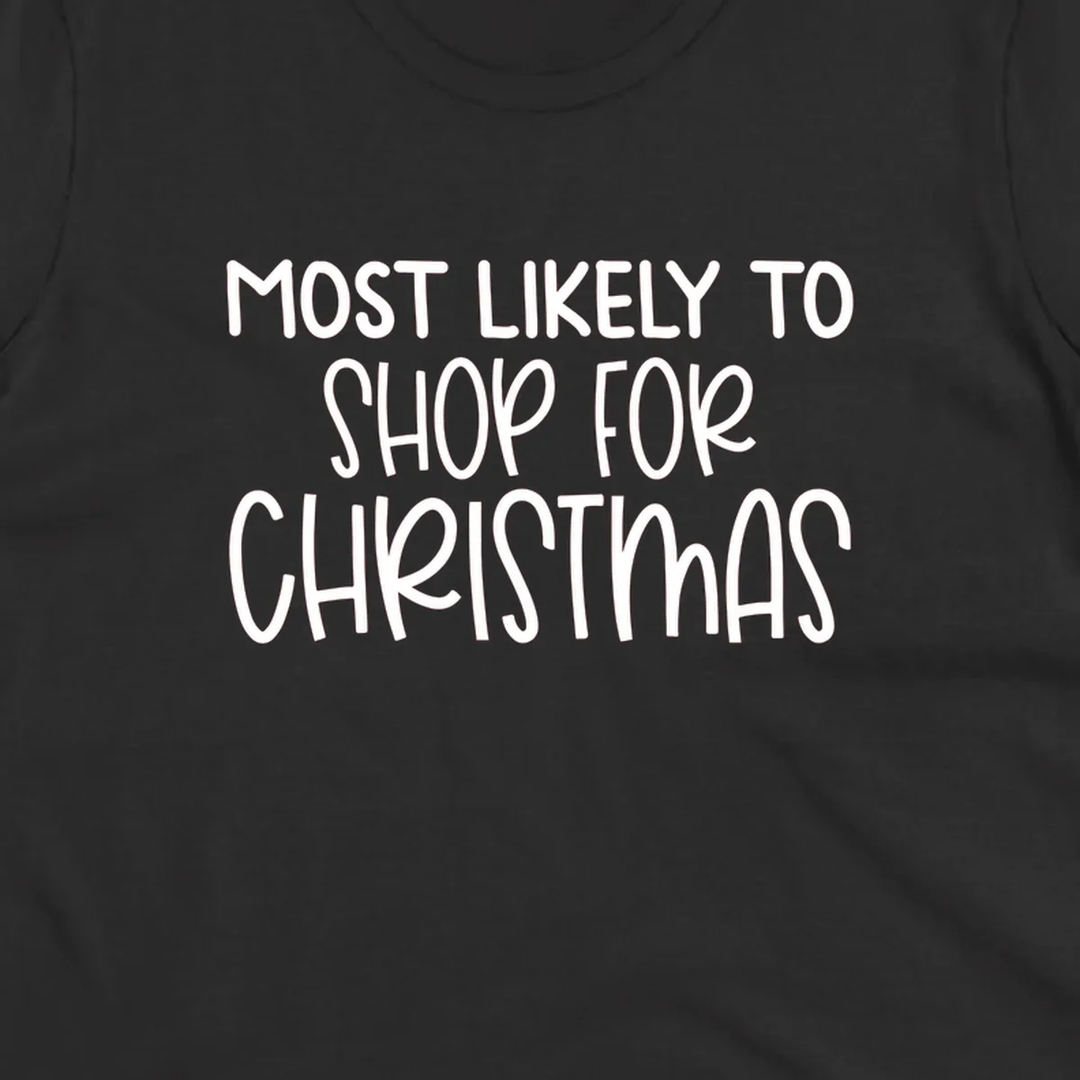 Text design reading 'Most Likely To Shop For Christmas' in white lettering.
