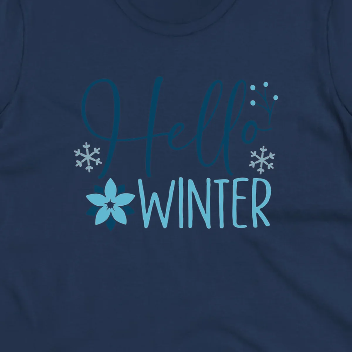 Hello Winter graphic with script text, snowflakes, and winter flower.