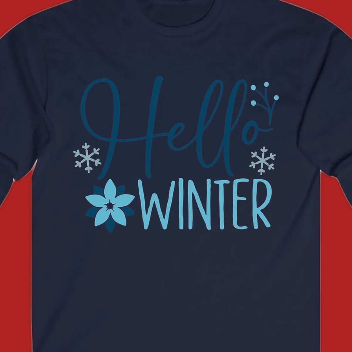 Hello Winter graphic with script text, snowflakes, and winter flower.