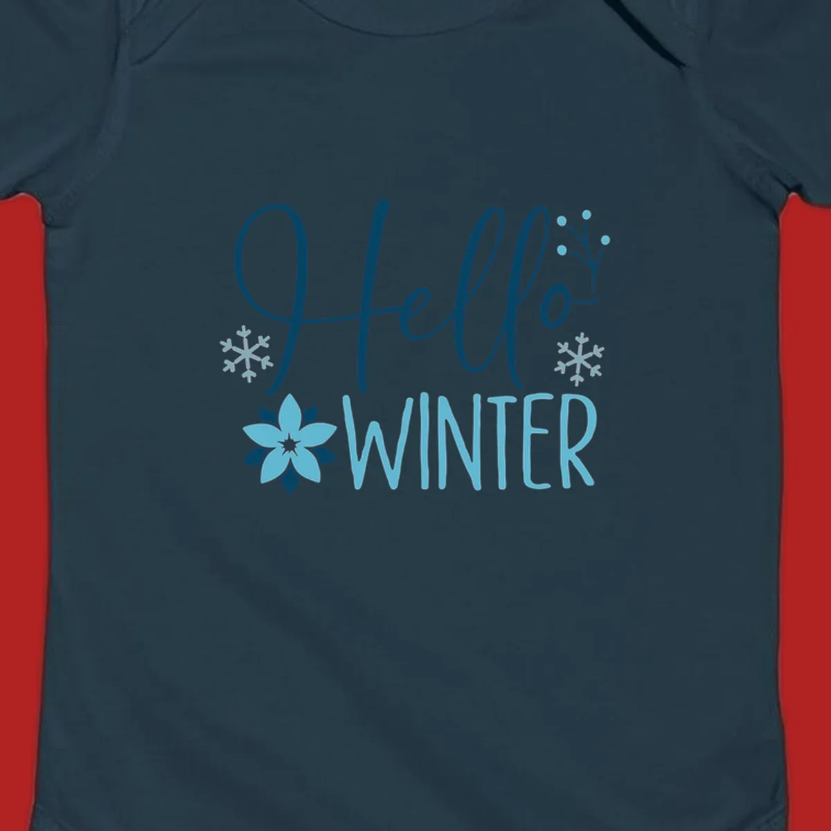 Hello Winter graphic with script text, snowflakes, and winter flower.