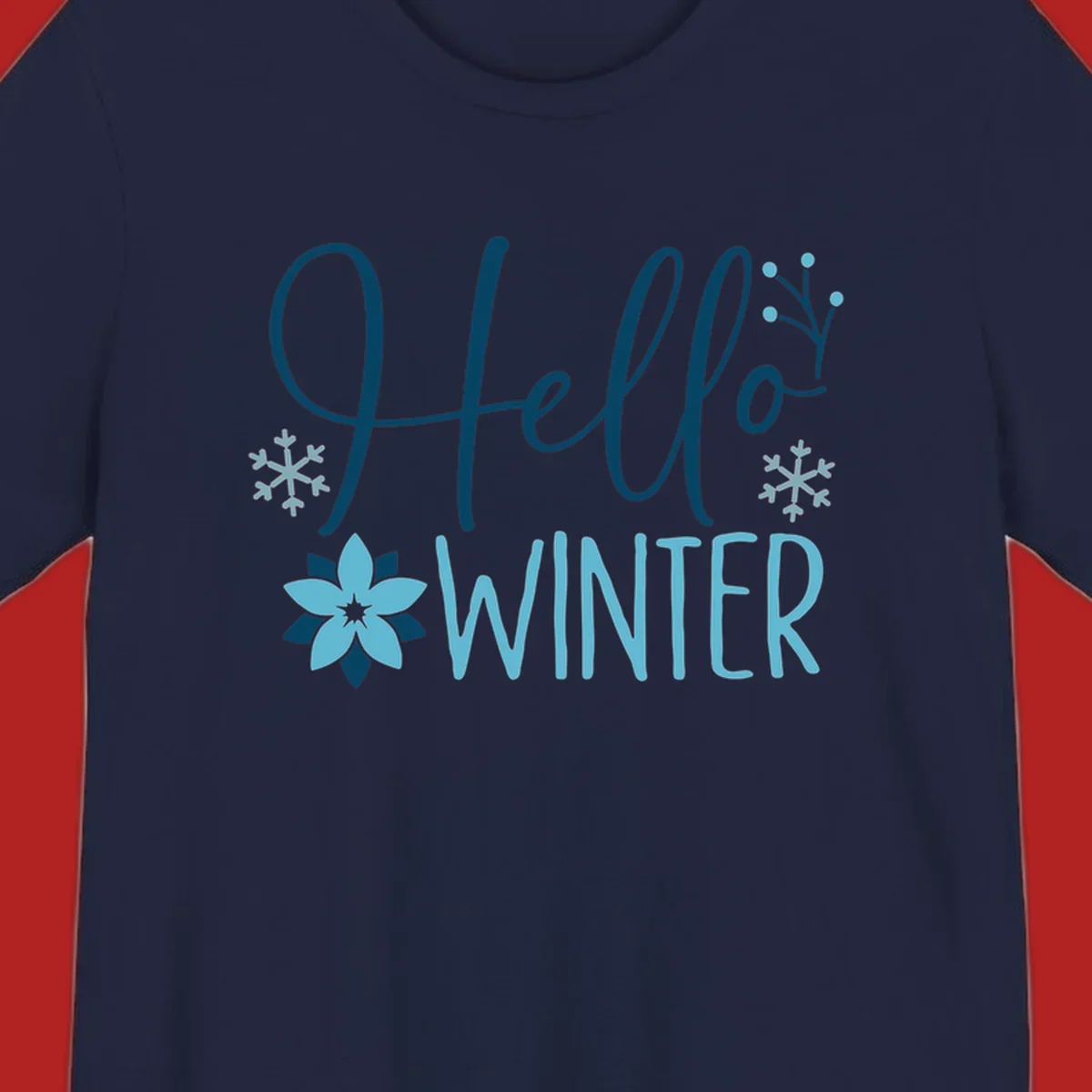 Hello Winter graphic with script text, snowflakes, and winter flower.