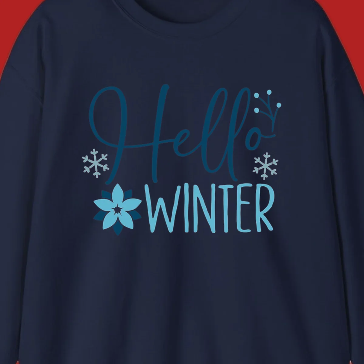 Hello Winter graphic with script text, snowflakes, and winter flower.