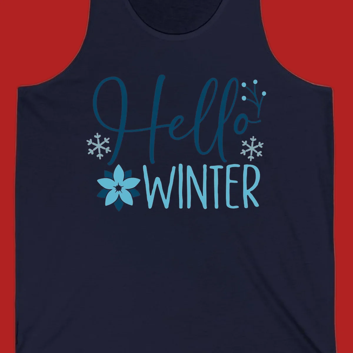 Hello Winter graphic with script text, snowflakes, and winter flower.