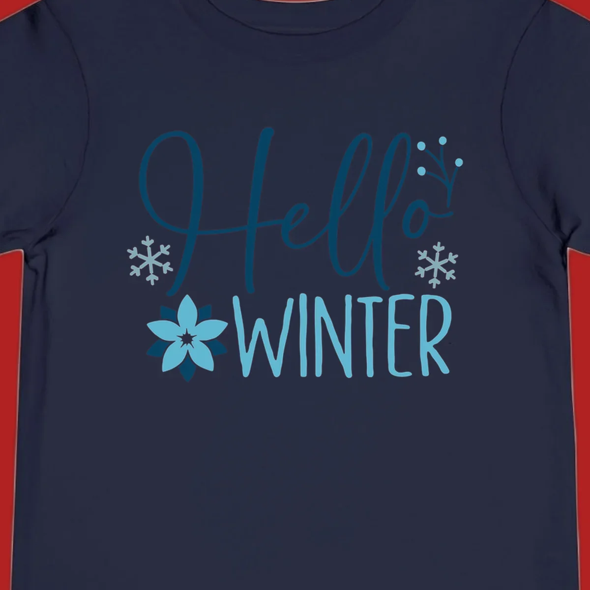 Hello Winter graphic with script text, snowflakes, and winter flower.