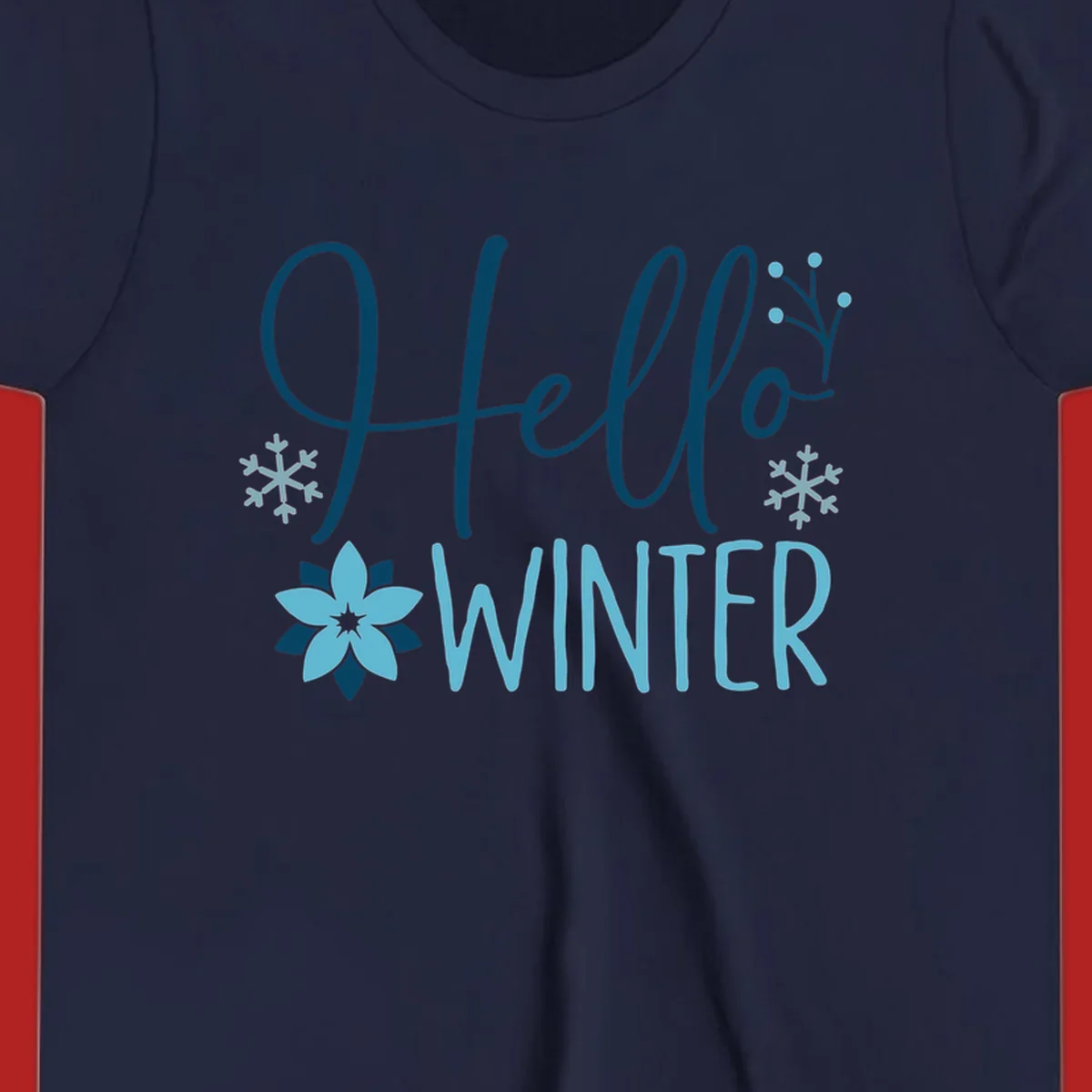 Hello Winter graphic with script text, snowflakes, and winter flower.