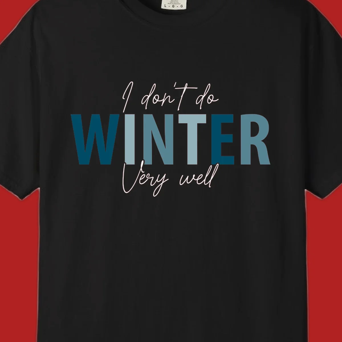 Text design 'I don't do WINTER Very well' in script and block letters, with 'WINTER' in varying shades of blue.