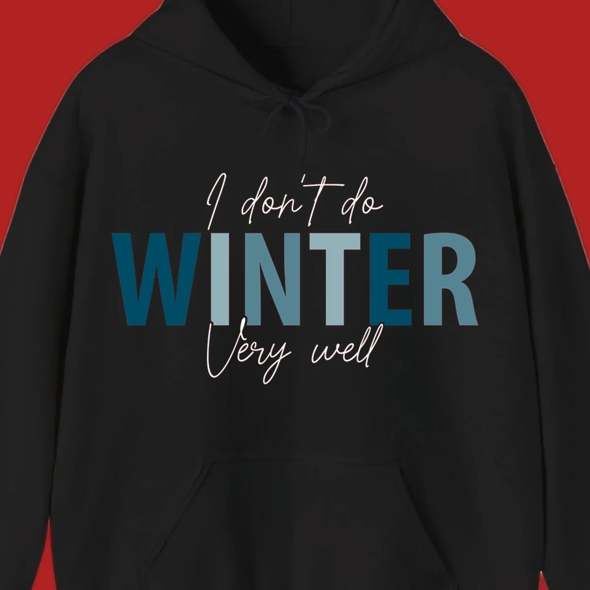 Text design 'I don't do WINTER Very well' in script and block letters, with 'WINTER' in varying shades of blue.