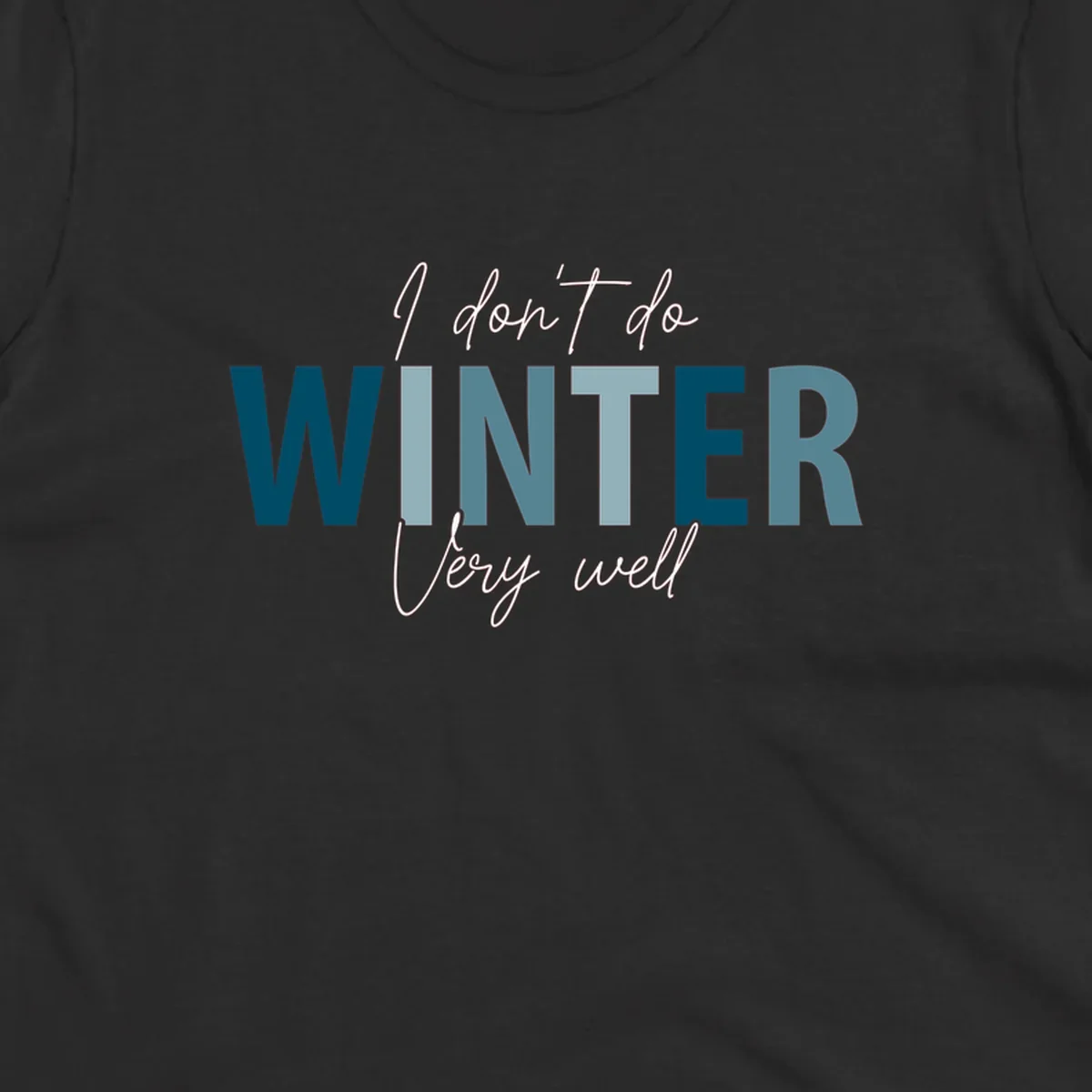 Text design 'I don't do WINTER Very well' in script and block letters, with 'WINTER' in varying shades of blue.