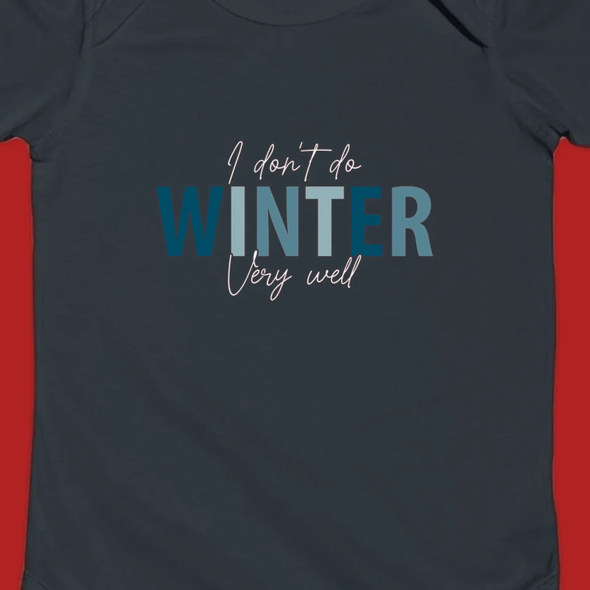 Text design 'I don't do WINTER Very well' in script and block letters, with 'WINTER' in varying shades of blue.