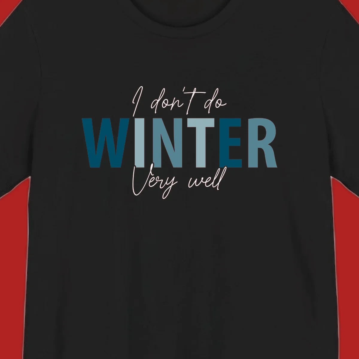 Text design 'I don't do WINTER Very well' in script and block letters, with 'WINTER' in varying shades of blue.
