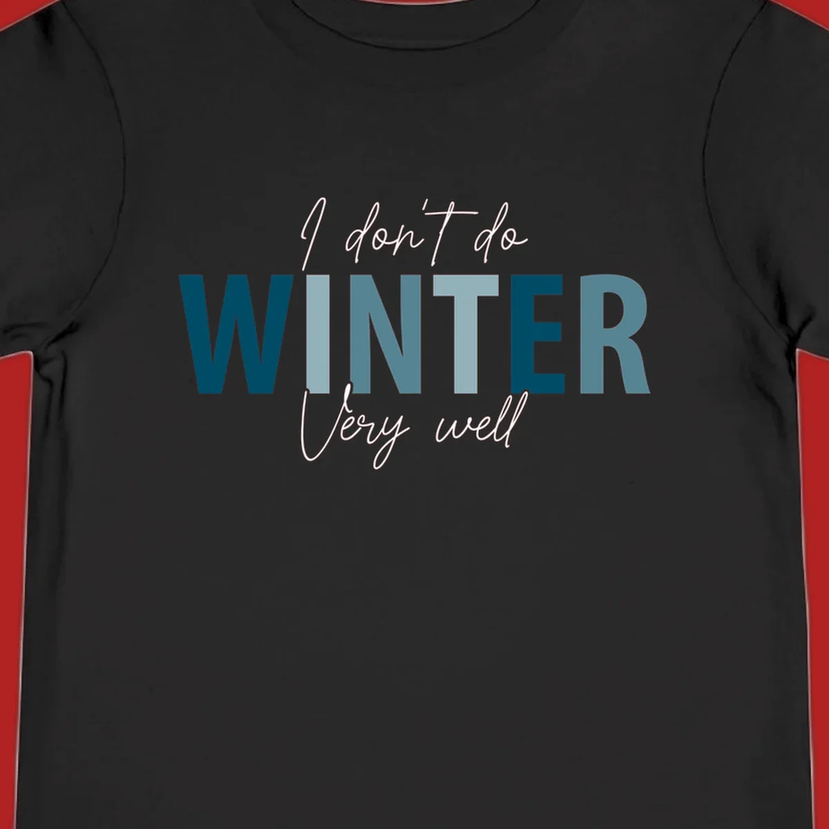 Text design 'I don't do WINTER Very well' in script and block letters, with 'WINTER' in varying shades of blue.