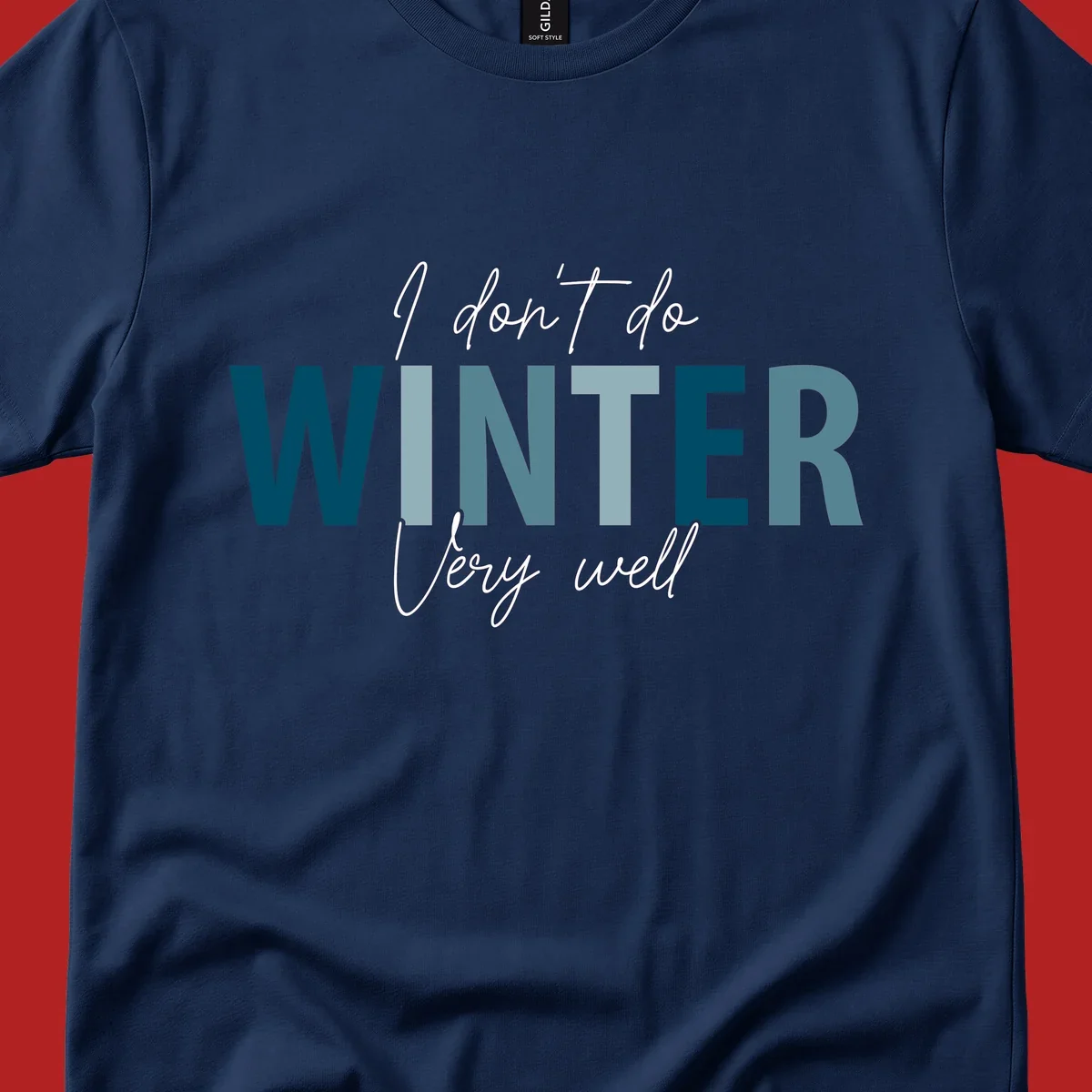 Text design 'I don't do WINTER Very well' in script and block letters, with 'WINTER' in varying shades of blue.