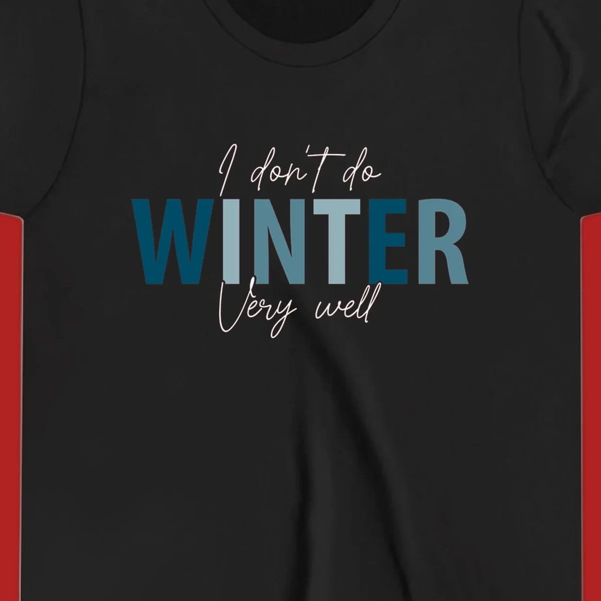 Text design 'I don't do WINTER Very well' in script and block letters, with 'WINTER' in varying shades of blue.