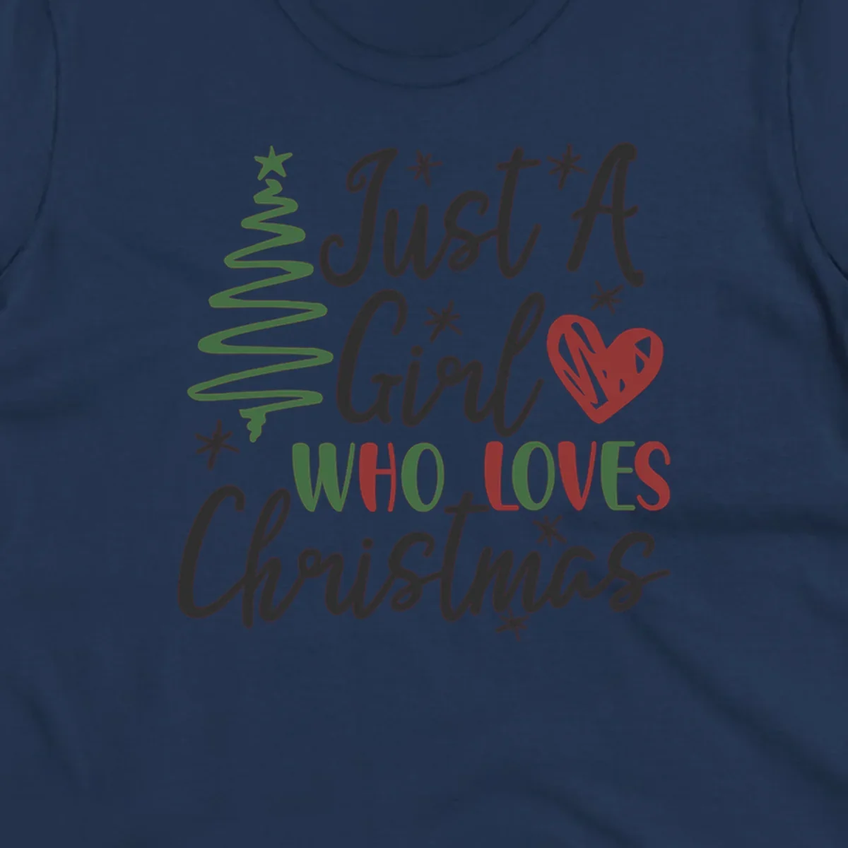 Girl who loves Christmas typography with tree and heart graphic.