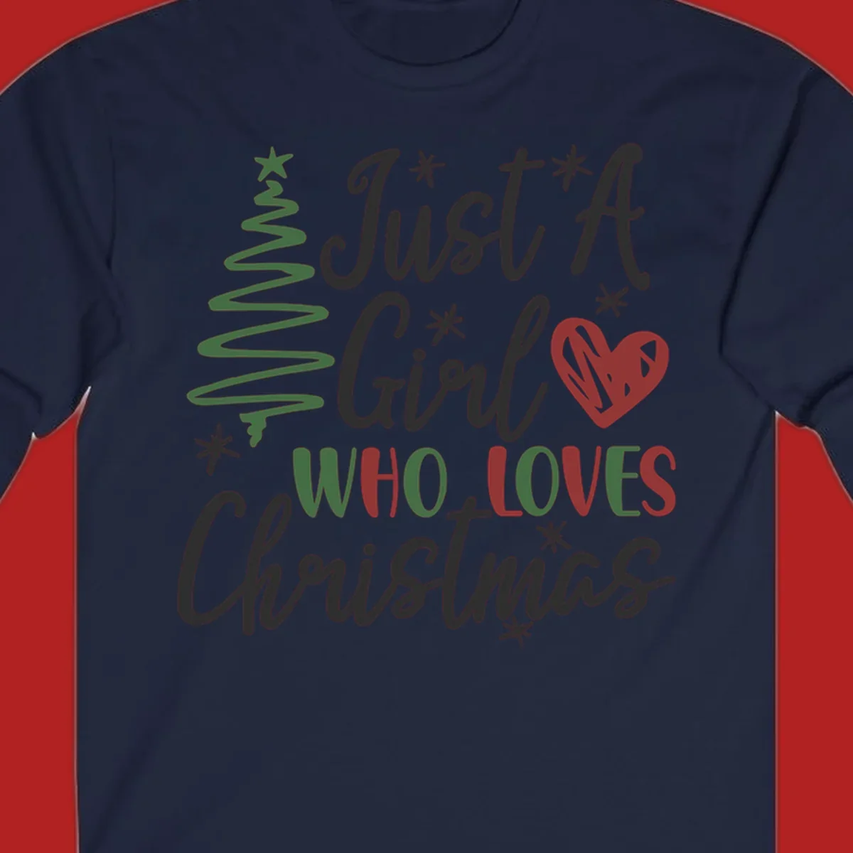 Girl who loves Christmas typography with tree and heart graphic.