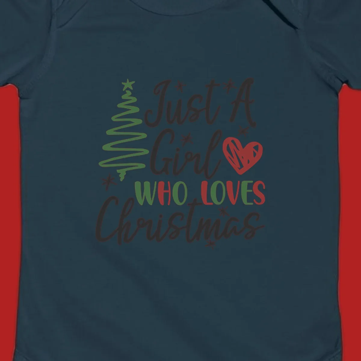 Girl who loves Christmas typography with tree and heart graphic.