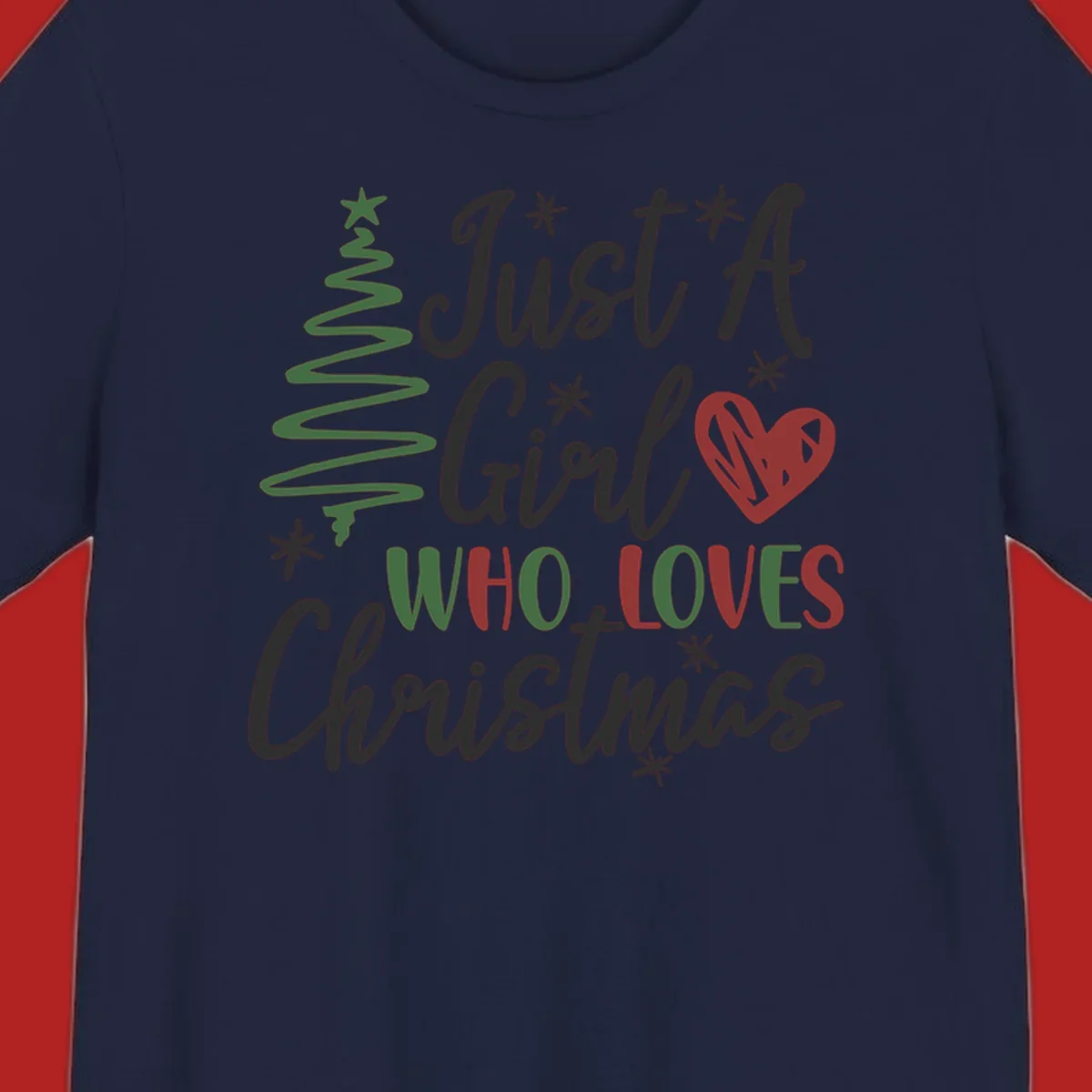 Girl who loves Christmas typography with tree and heart graphic.