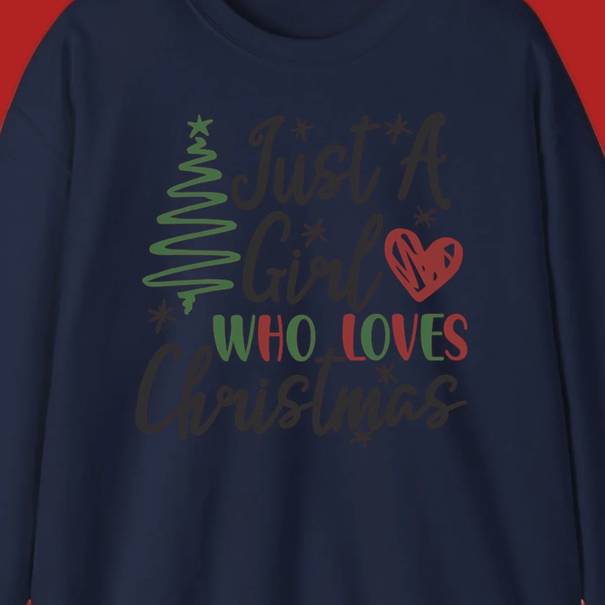 Girl who loves Christmas typography with tree and heart graphic.