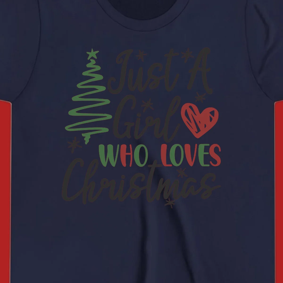 Girl who loves Christmas typography with tree and heart graphic.