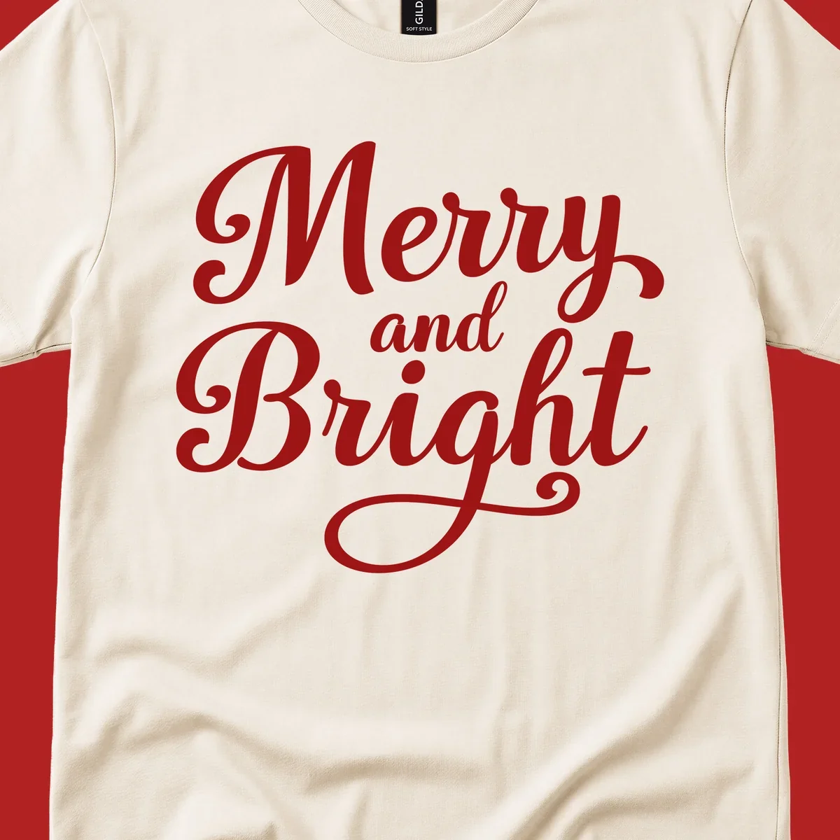 Merry and Bright script typography in red letters, perfect for holiday celebrations.