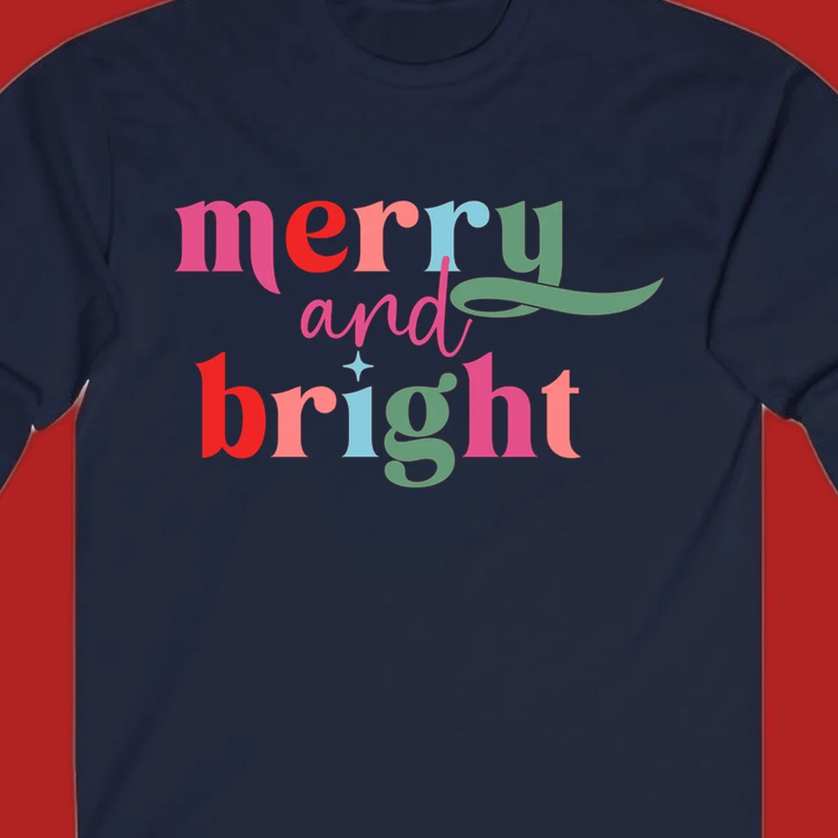 Merry and bright christmas typography with colorful letters.