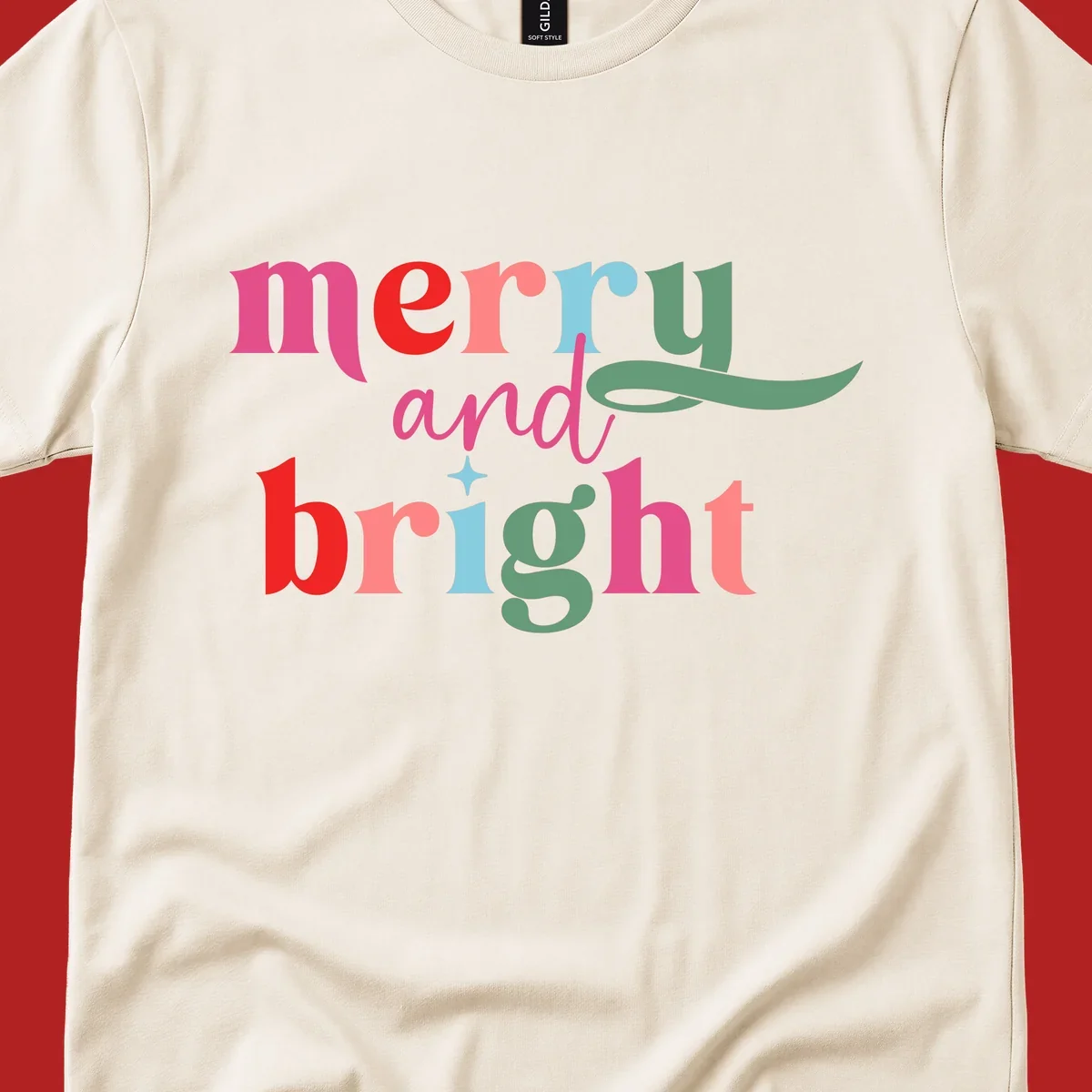 Merry and bright christmas typography with colorful letters.