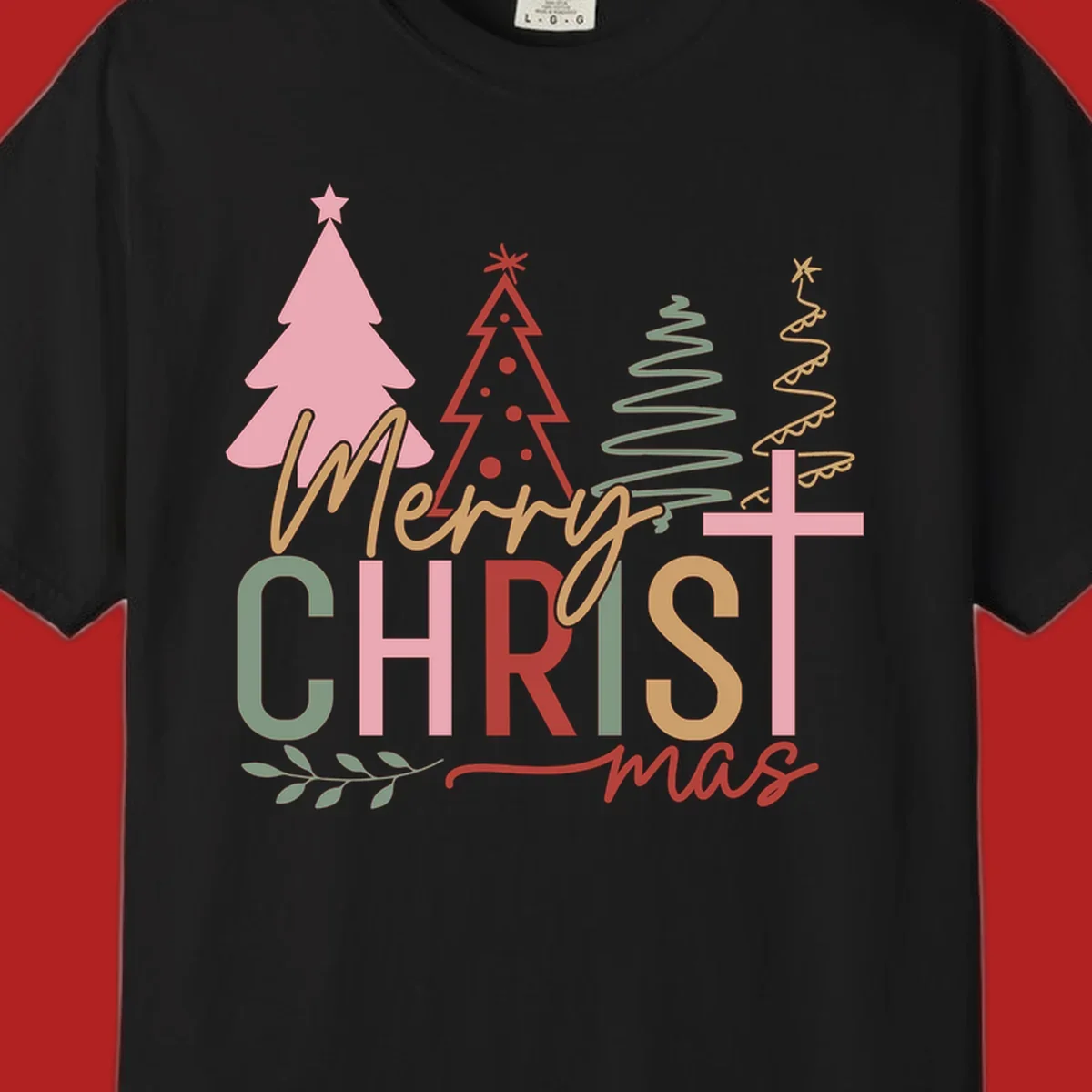 Merry Christmas text with stylized trees and a cross design.