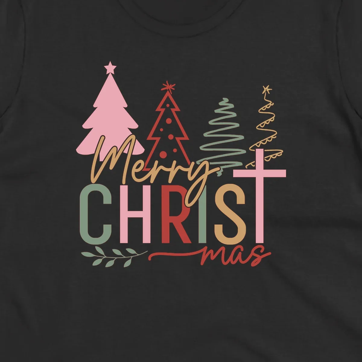 Merry Christmas text with stylized trees and a cross design.