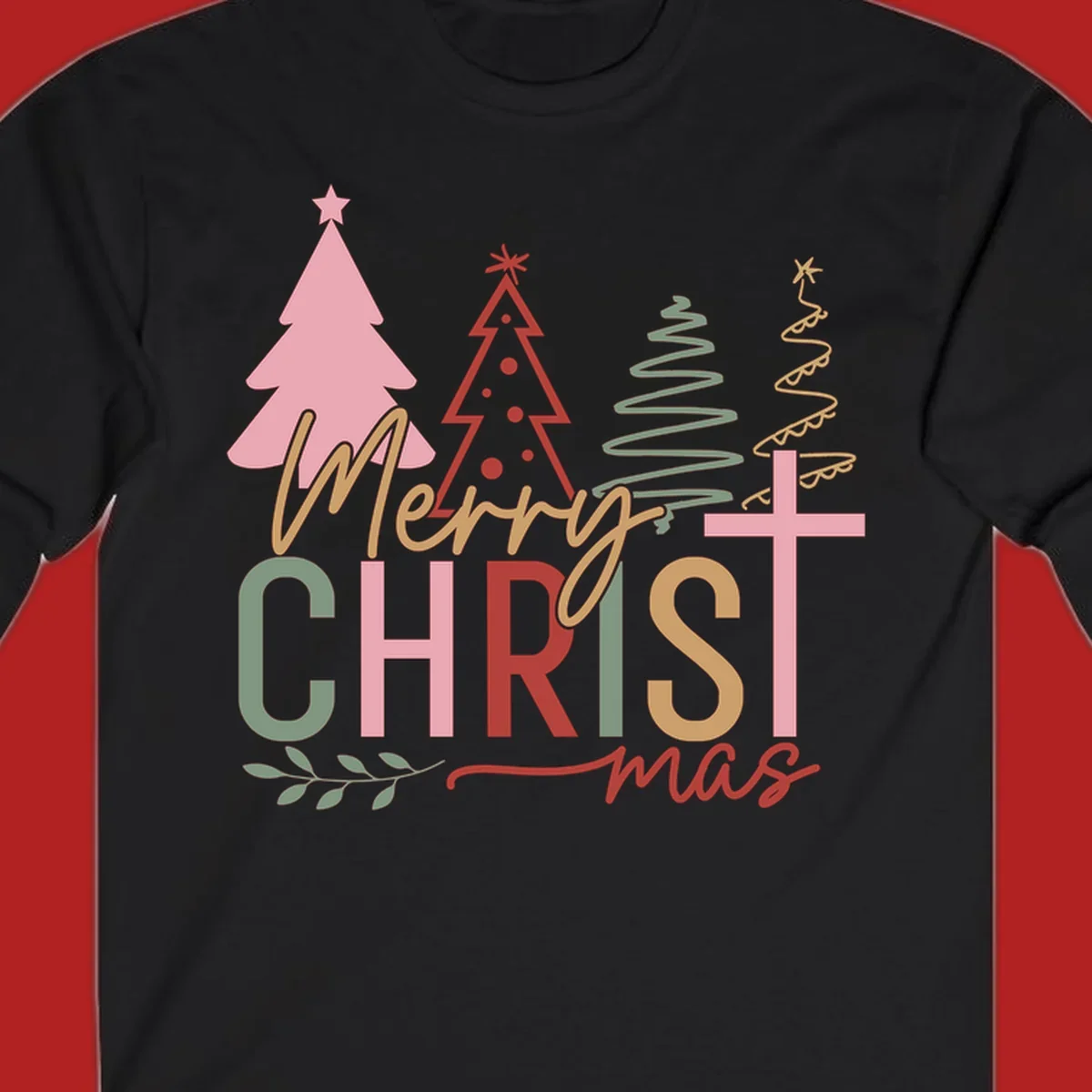 Merry Christmas text with stylized trees and a cross design.