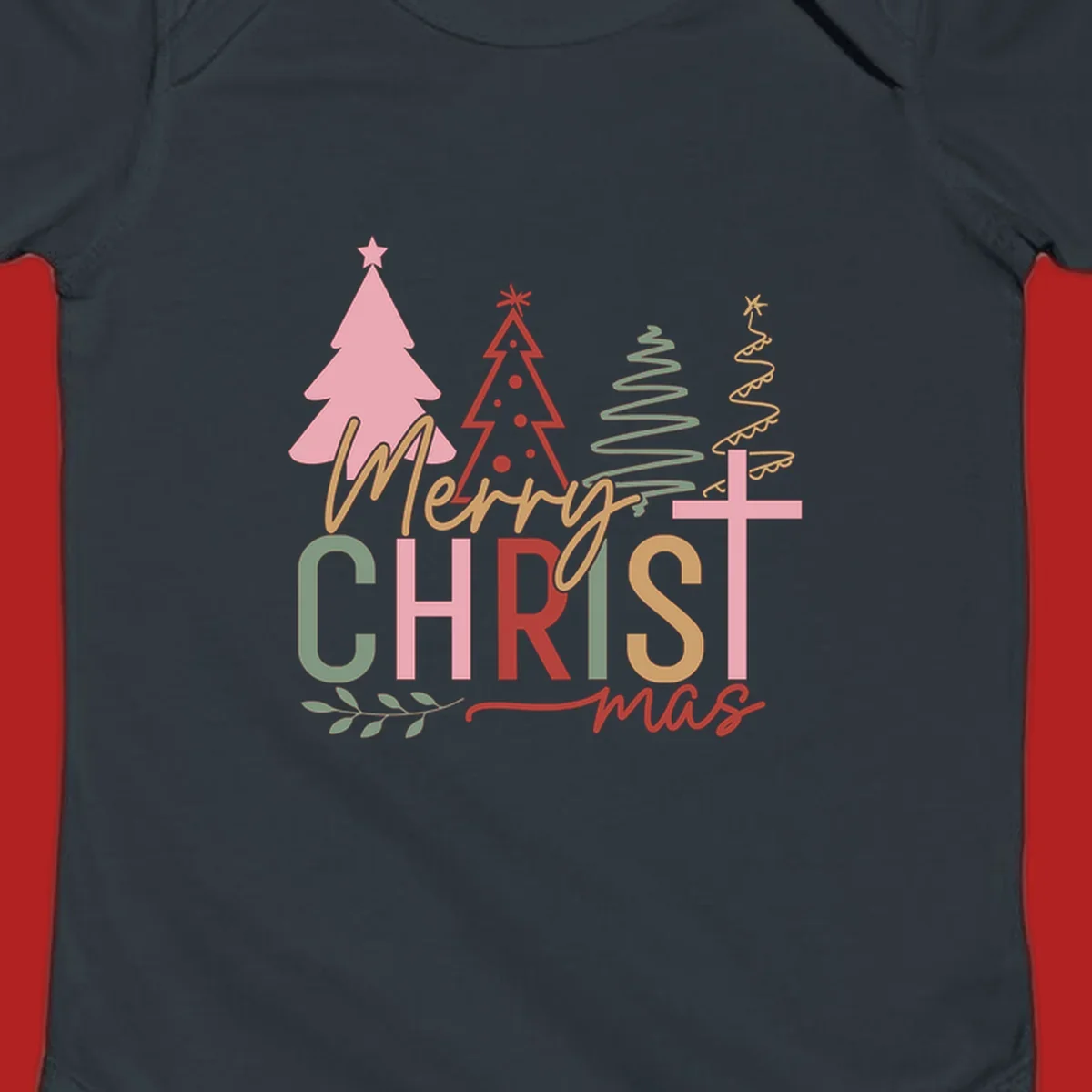 Merry Christmas text with stylized trees and a cross design.