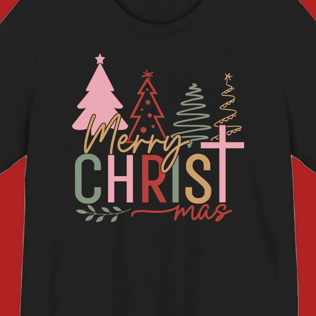 Merry Christmas text with stylized trees and a cross design.