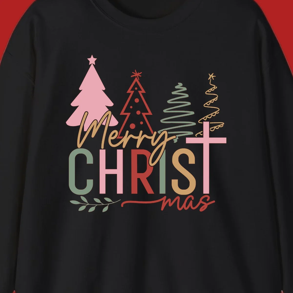 Merry Christmas text with stylized trees and a cross design.