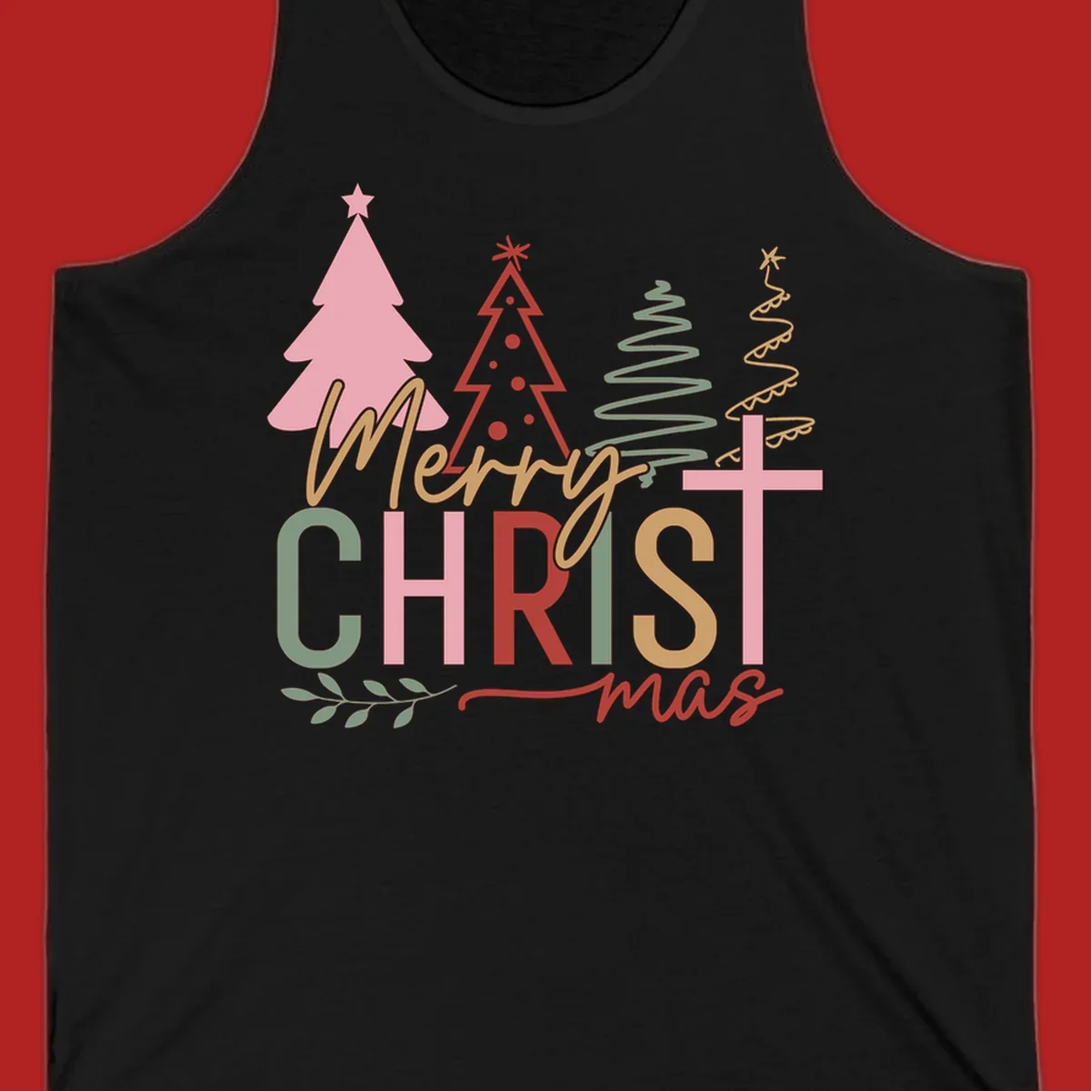 Merry Christmas text with stylized trees and a cross design.