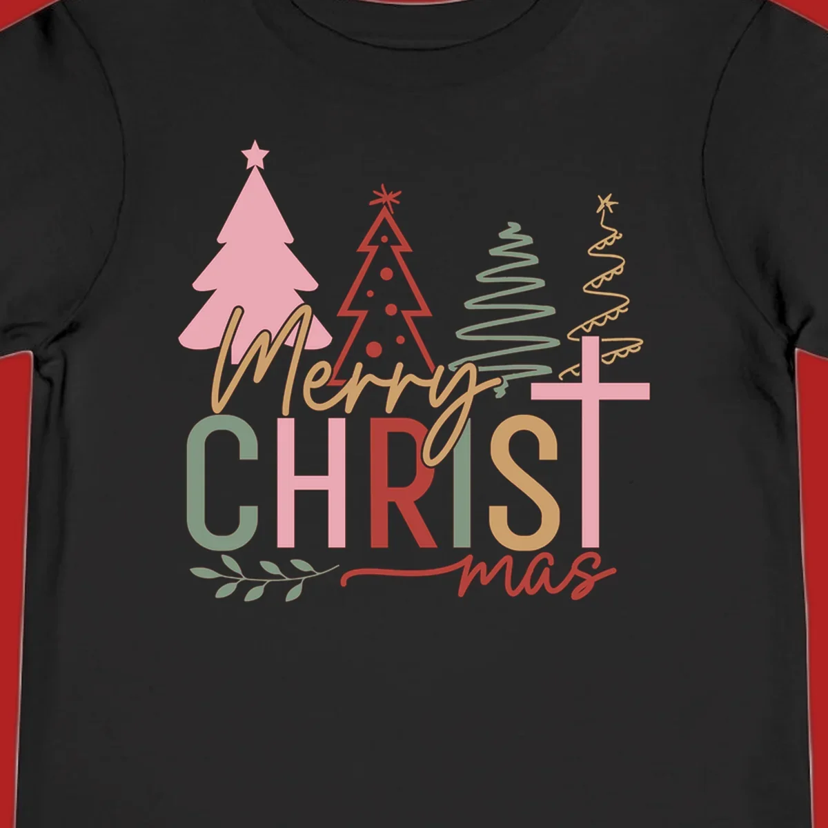 Merry Christmas text with stylized trees and a cross design.